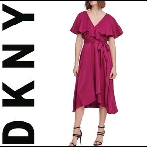 DKNY Faux Wrap Satin Flutter Sleeve Midi dress Sz 14